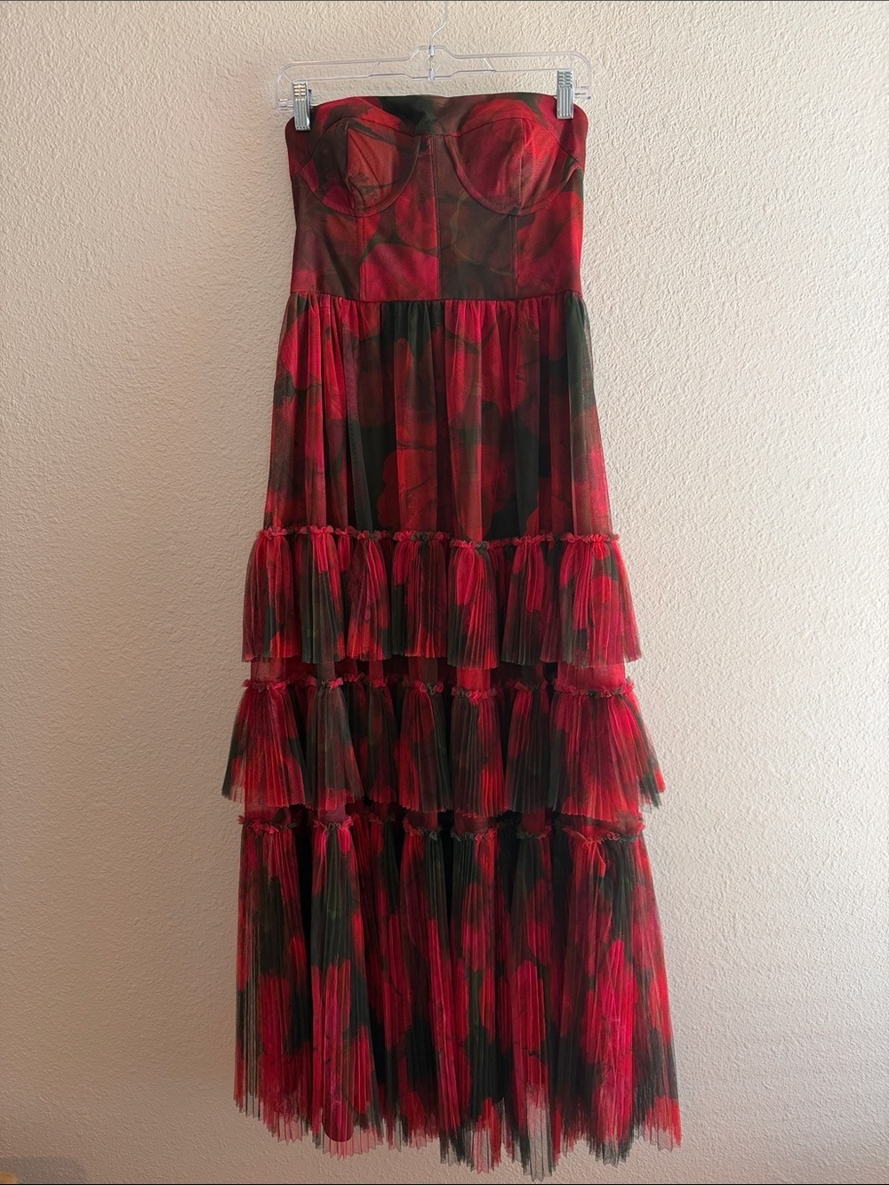 Hutch Isabella Gown Olive Blotted Floral Strapless Tiered Maxi Dress Size 4 - Picture 3 of 9